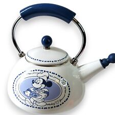 VTG Disney Gourmet Mickey Tea Kettle Whistling Blue & White Enamel 80s Pristine picture