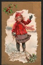Antique Postcard Merry Christmas Girl Dressed for Snow Pulling Sled Early 1910s picture