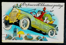 Santa Claus in Old Car Delivers Toys~ Over City Antique~Christmas Postcard~k306 picture