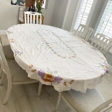 Vtg Ivory Embroidered Fall Thanksgiving Oval Tablecloth Acorns Pumpkins 66”X98” picture