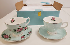 BTaT- Floral Tea Cups and Saucers, Set of 2 (Green - 8 oz) with Gold Trim and... picture