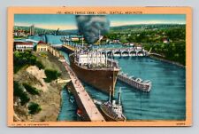 Postcard Ship in Canal Lock Seattle Washington, Vintage Linen B17 picture