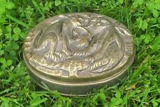 Monkey Business? Large Old Indian Oval Box Repousee, Embossed & Silvered Brass picture
