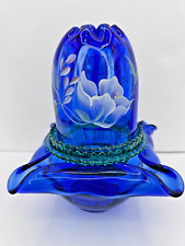 Fenton 95th Anniv Cobalt Blue Green Insert 3-Piece Fairy Lamp - Floral Design picture
