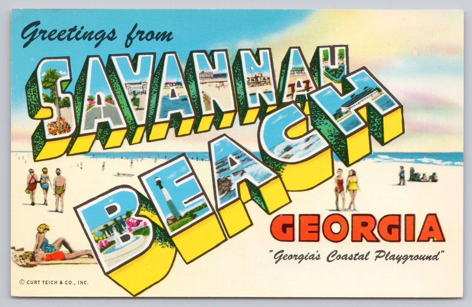 Savannah Beach Georgia, Large Letter Greetings, Sunbathers, Vintage Postcard