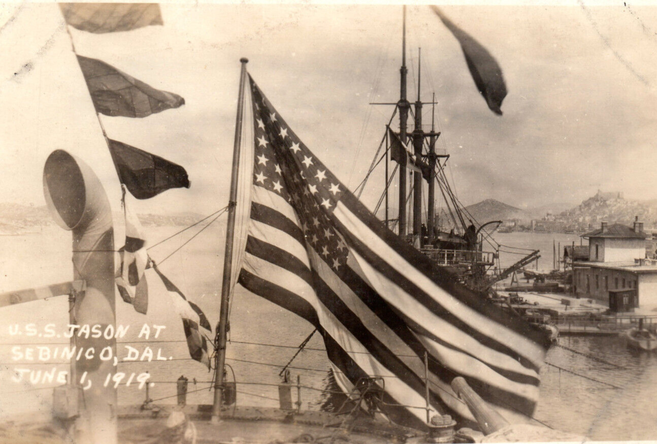 WWI USS Jason American Flag AC-12 Collier Real Photo Postcard RPPC Ship