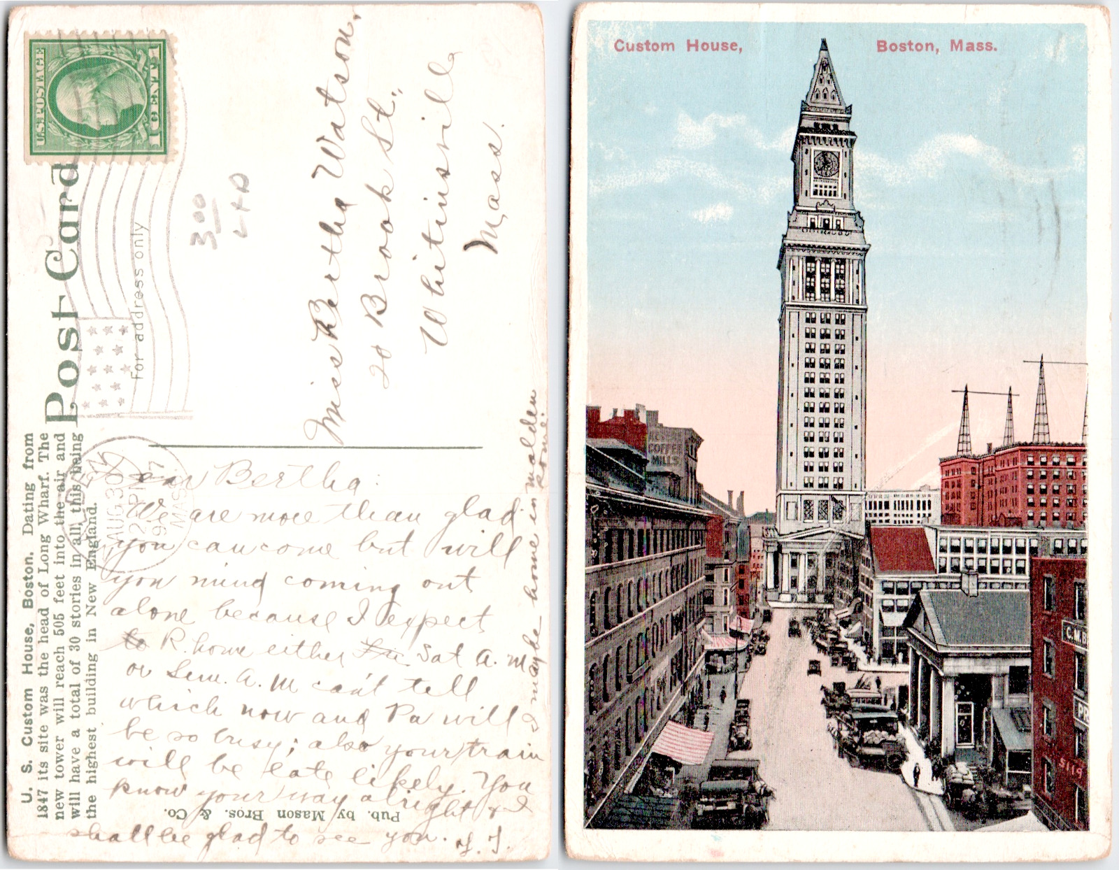 Boston Massachusetts Custom House USA 1917 Malden MA Flag Fancy Cancel Postcard