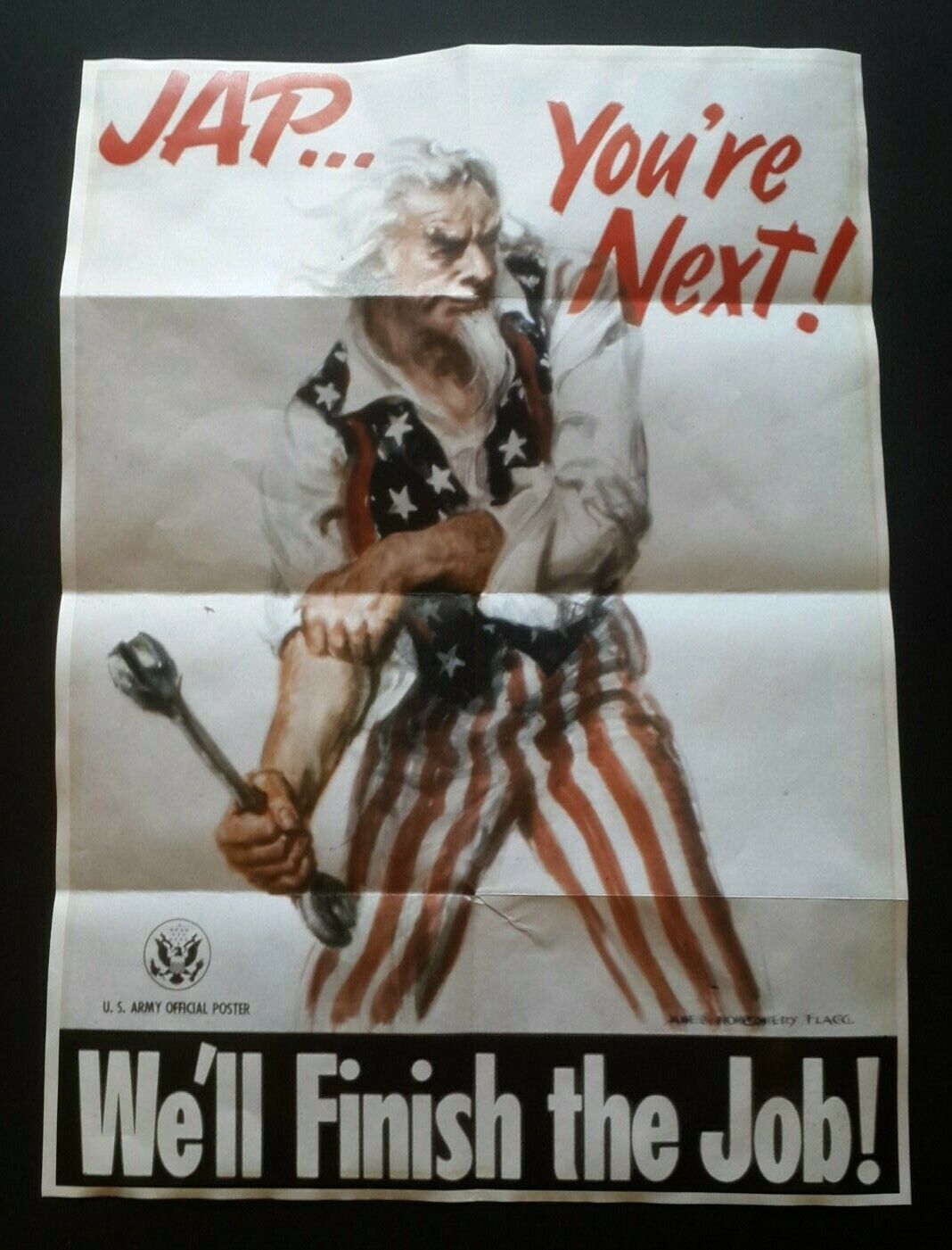 1942 WW2 USA AMERICA UNCLE SAM WAR TOOLS BONDS FLAG ANTI JAPAN PROPAGANDA POSTER