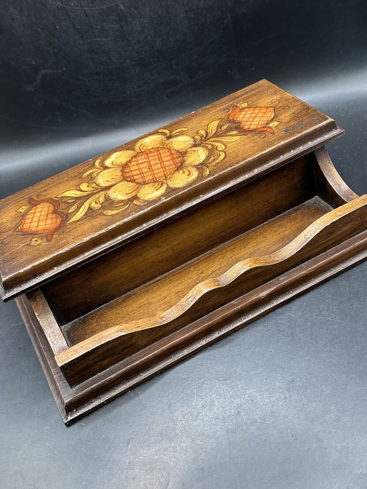 Vintage Hand Painted Wooden Folk Art Desk Box 