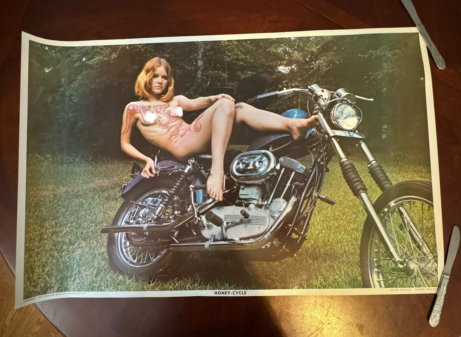 Vintage 1970's Honey Cycle Poster Nude Hippy Girl Harley Sportster Rare NOS