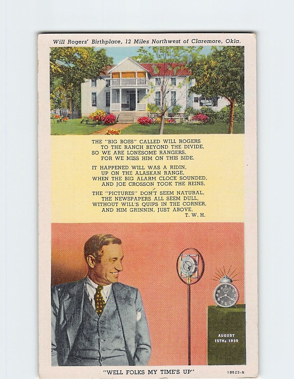 Postcard Will Rogers' Birthplace 12 Miles Northwest of Claremore Oklahoma USA
