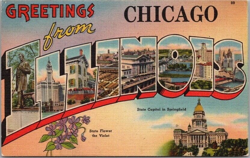 c1940s Chicago ILLINOIS Large Letter Greetings Postcard Tichnor Linen / Unused