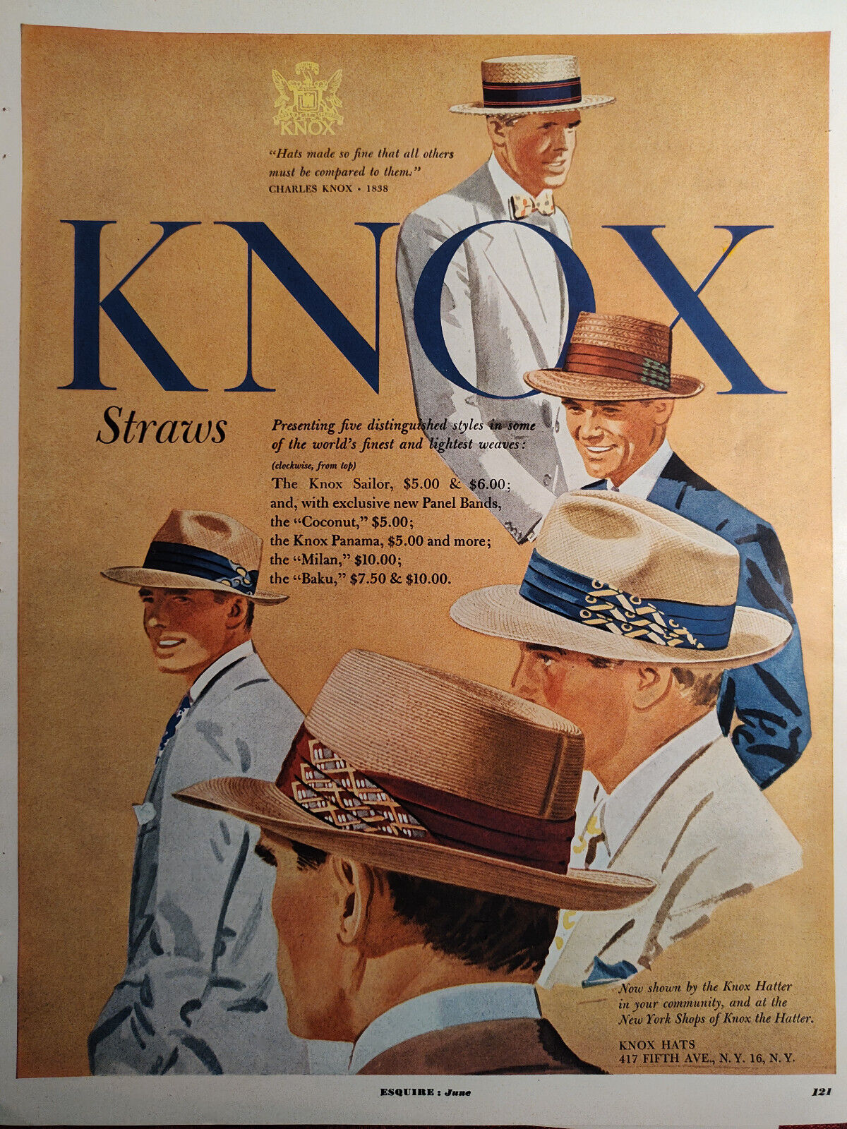 1950 Original Esquire Art Ad Advertisements KNOX Hats Society Mens Clothes