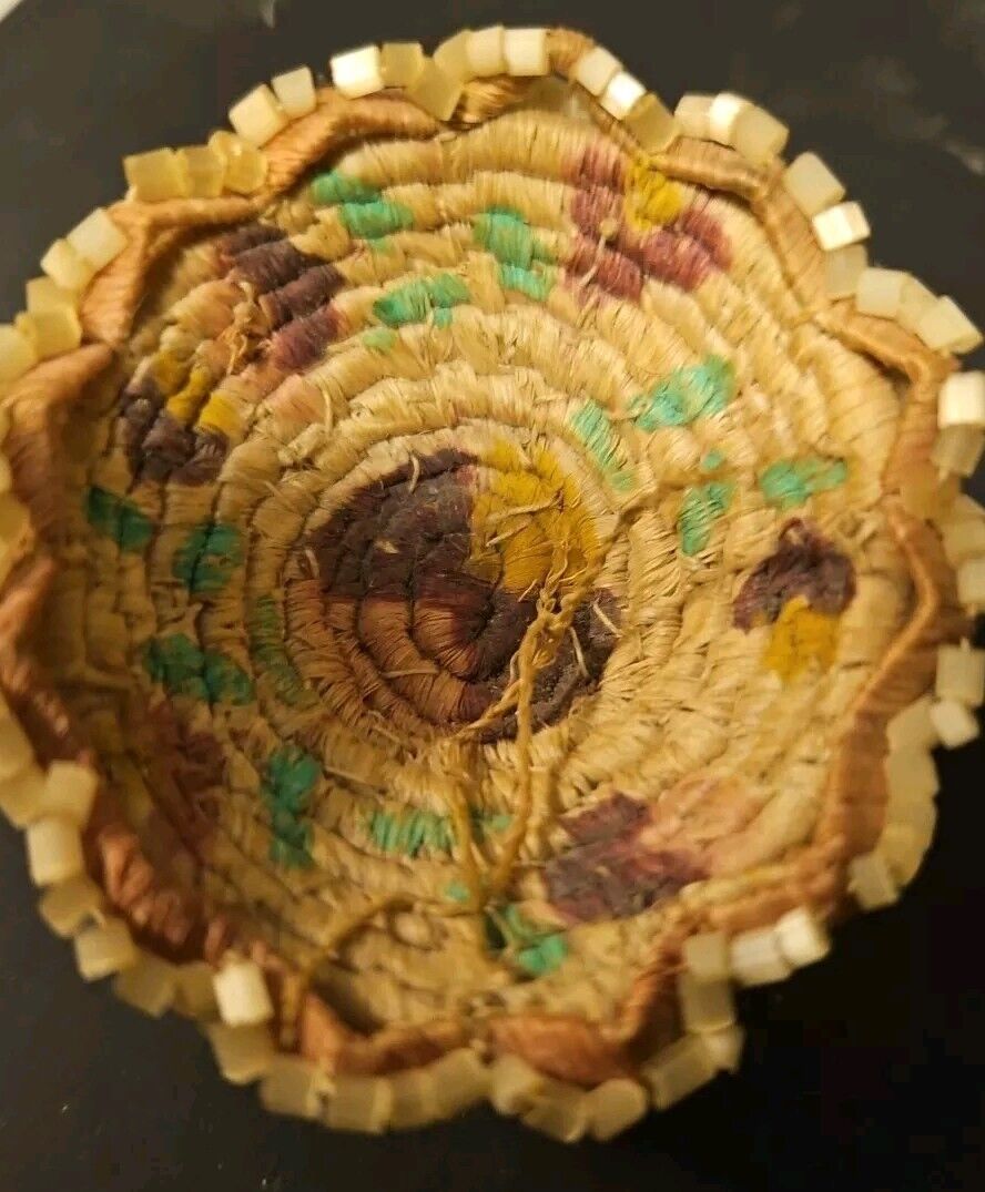 Native American Miniature Beaded Hand Painted Coiled Basket Early