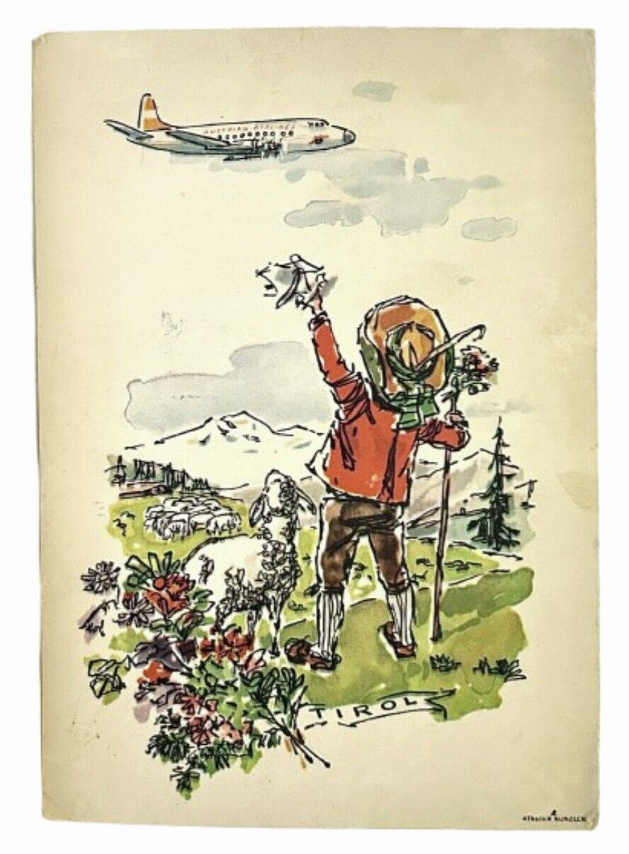 Postcard Austrian Airlines Art Atelier Koszler Boy Shepherd Waving at Plane