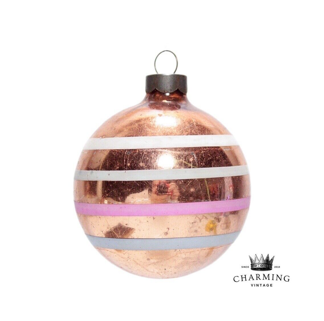 Vintage SHINY BRITE Stencil Stripe Copper Ball Glass Christmas Ornament