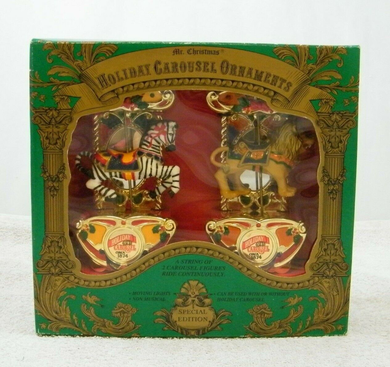 NEW 1993 MR CHRISTMAS SPECIAL EDITION HOLIDAY CAROUSEL ORNAMENTS ZEBRA & LION