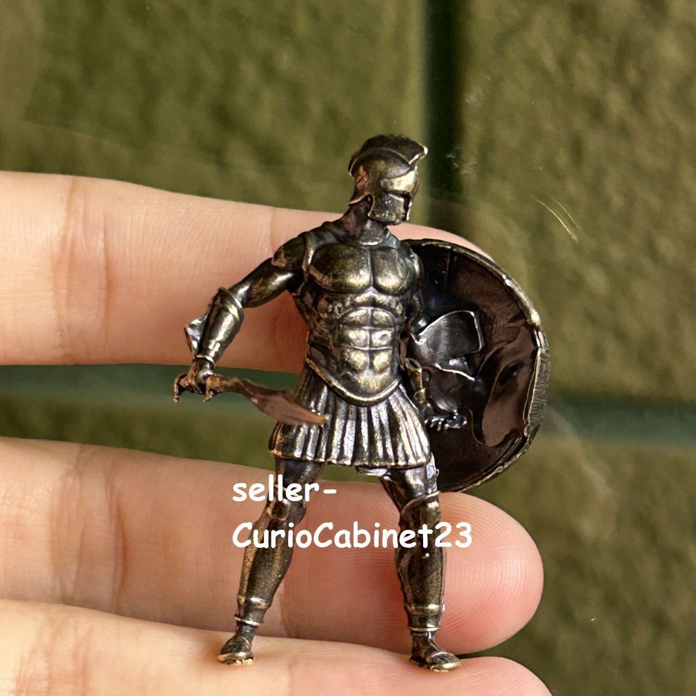 Solid Brass Spartan Warrior Miniature Statue with Shield and Spear Desk Decor