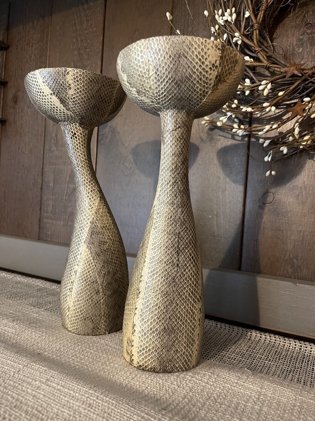 Vintage Pair Of Snakeskin Python Candle Holders by Luisa Robinson Rare