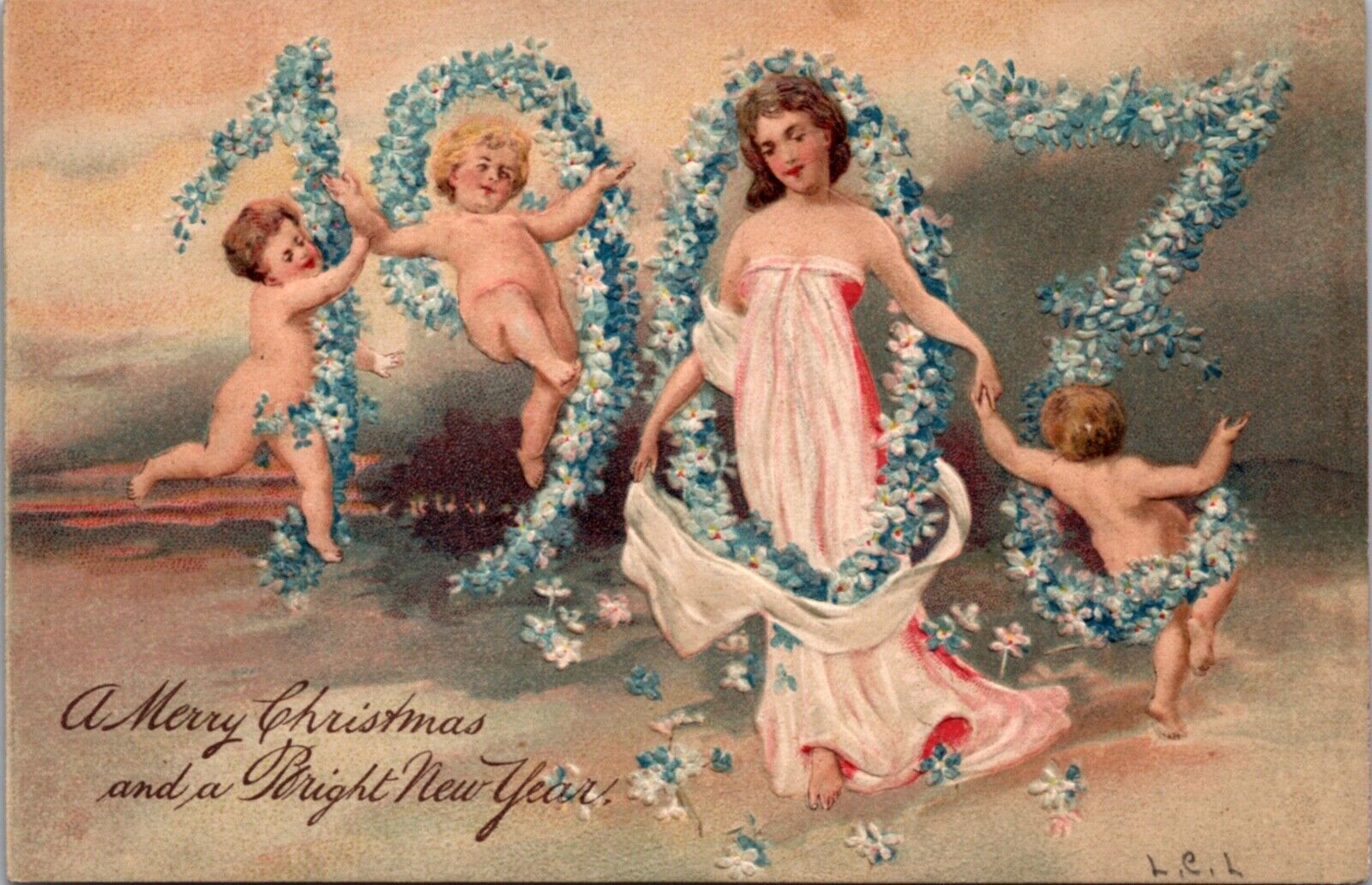 Merry Christmas New Year Postcard Large Letter 1907 Cherubs Angels Floating