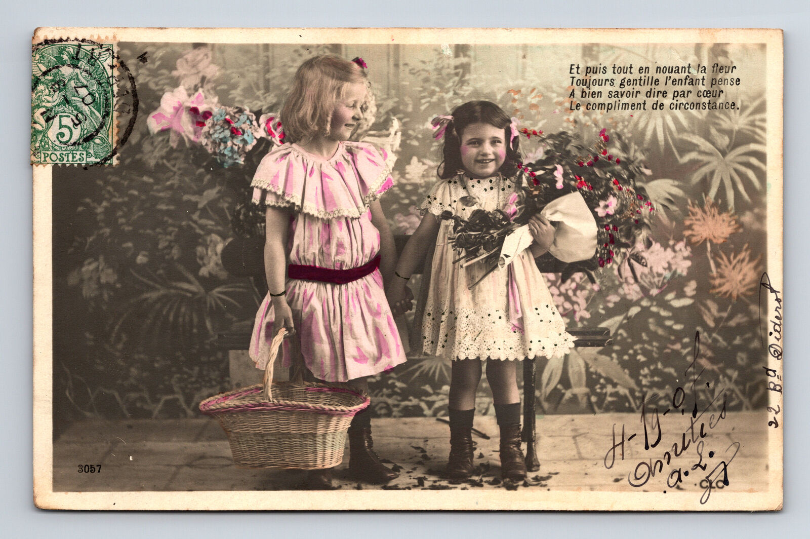 c1907 RPPC French Portrait Young Girls Flower Basket Hand Colored CLC Postcard
