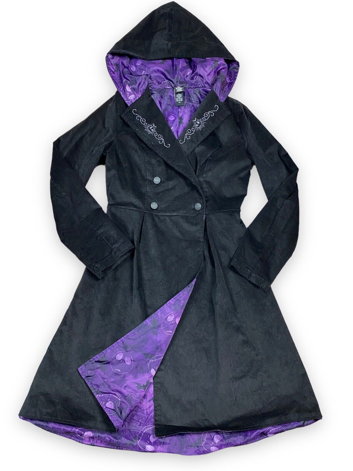 Disney The Nightmare Before Christmas Trench Coat Black Velour Purple Lining M