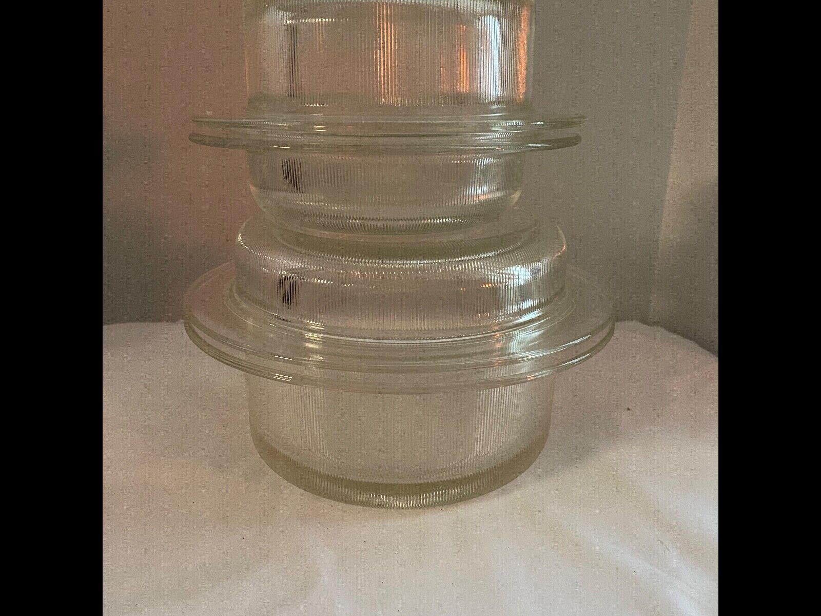 Vintage 1970’s Heller Vignelli Glass Ribbed Round Covered Casserole Dishes
