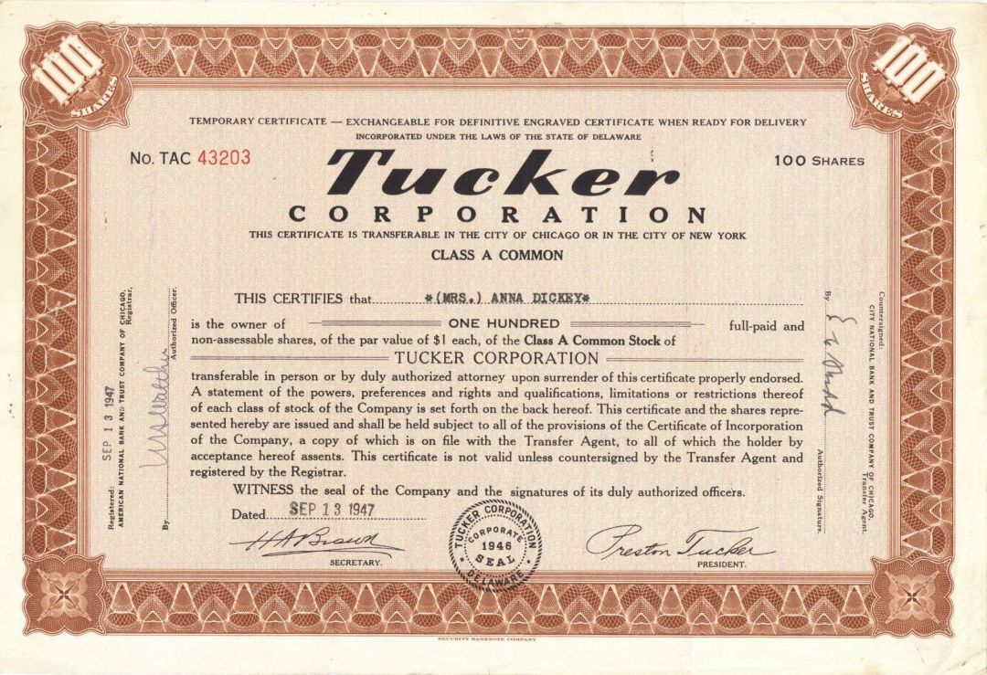 Tucker Corporation - 1948 dated Brown Automotive Stock Certificate - Only 50 Tuc