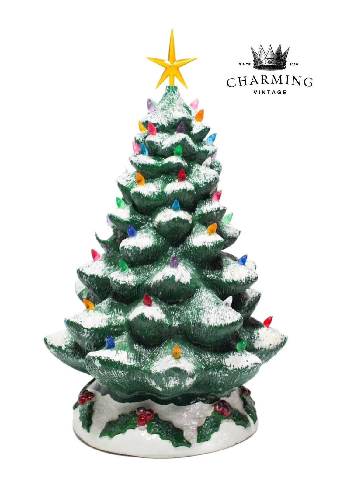 Vintage Tabletop Ceramic Mold Snowy Christmas Tree W/ Multicolor Lights Figurine