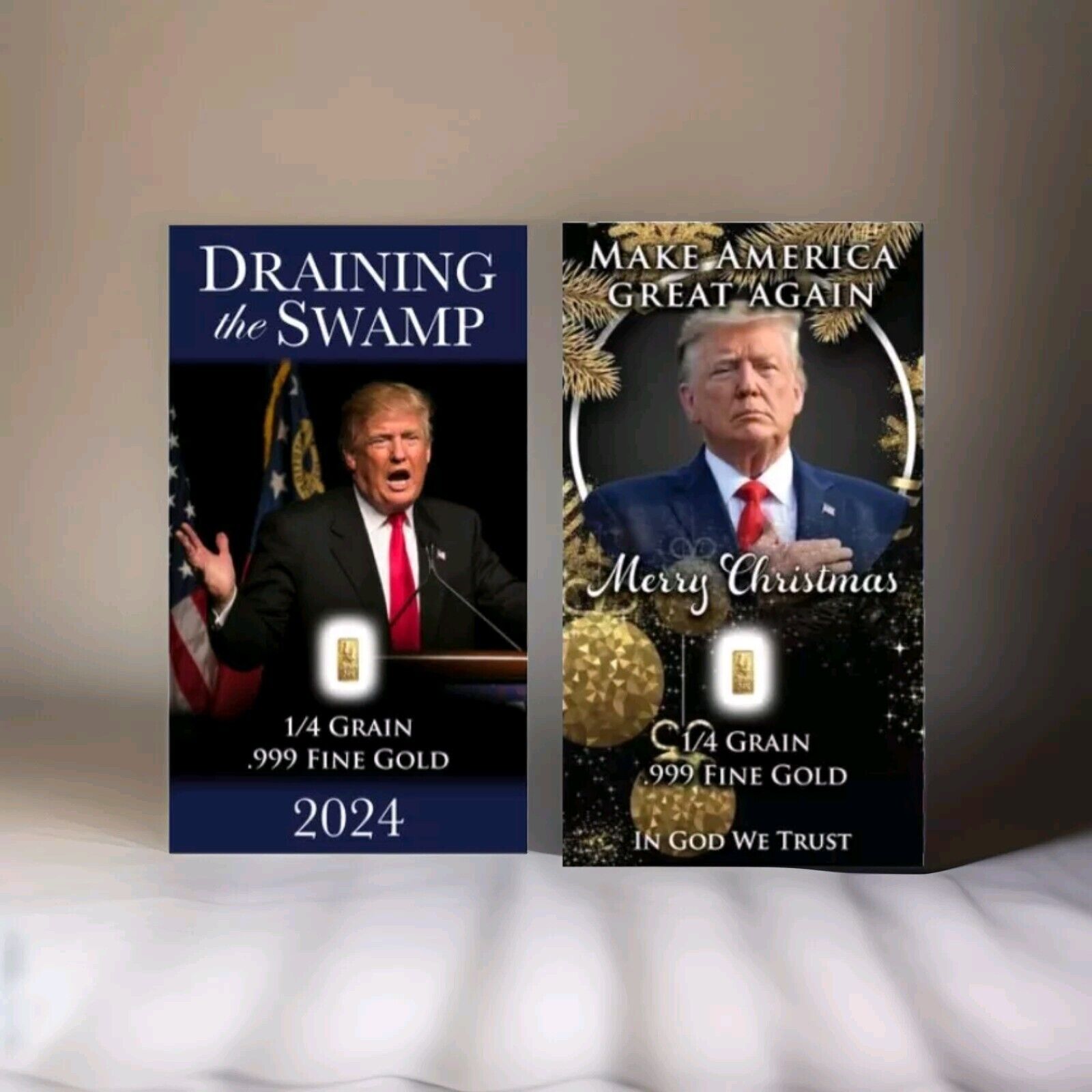 President Donald Trump 24k Gold DRAIN THE SWAMP & CHRISTMAS Bullion Bar Cards