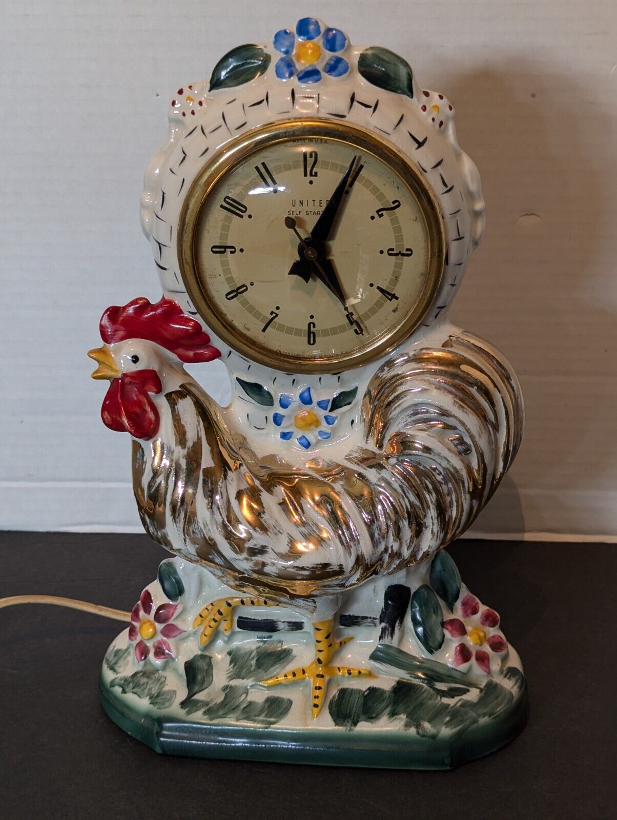 Vintage Langshire United Self-Starting Electric Ceramic Rooster Mantel Clock