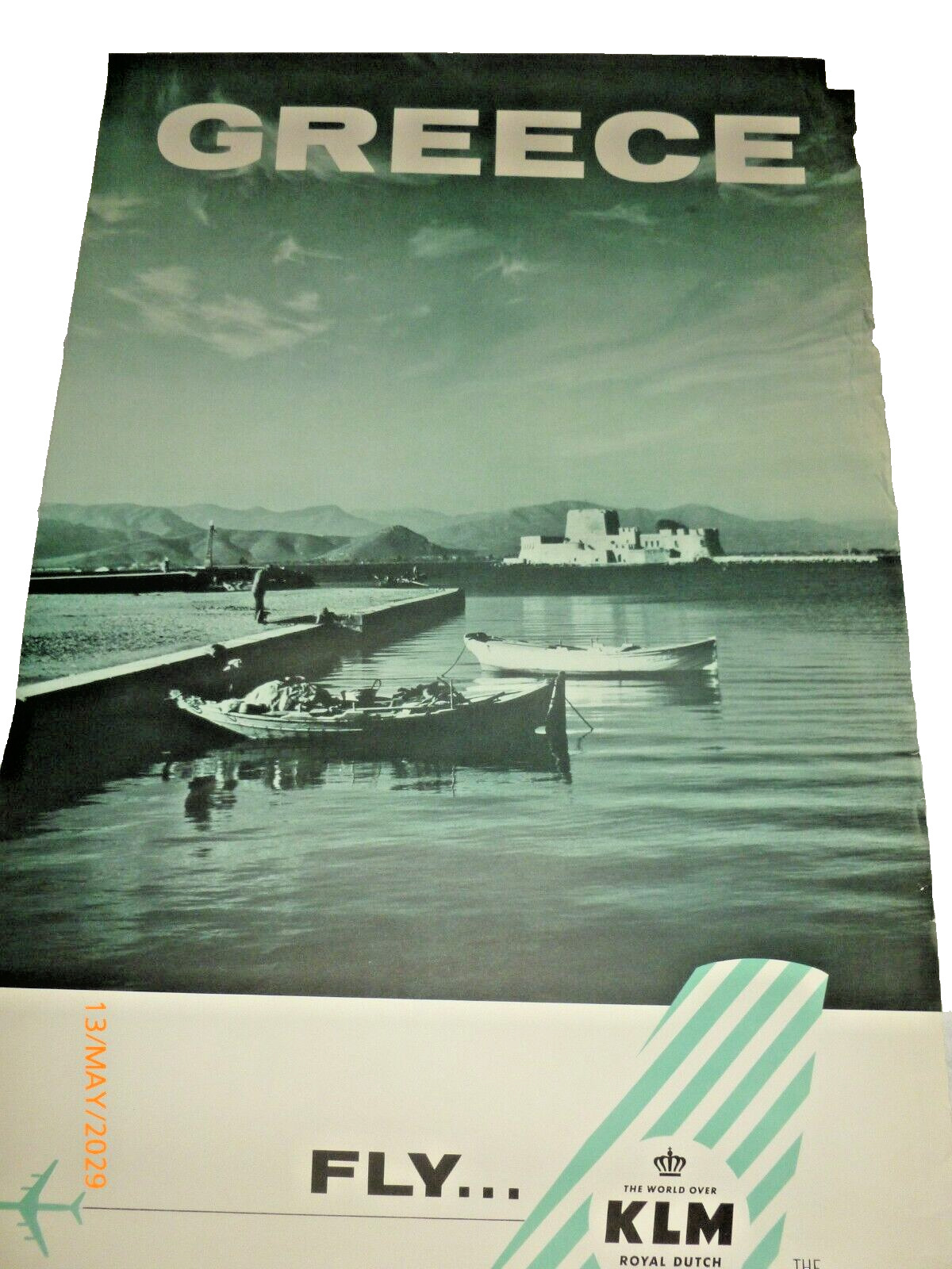 Vintage Original KLM Royal Dutch Airlines Greece Poster 25x40” Rare ca 1960