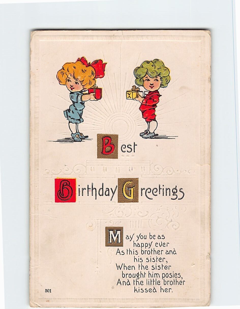 Postcard Vintage Best Birthday Greetings Card Children Art Print