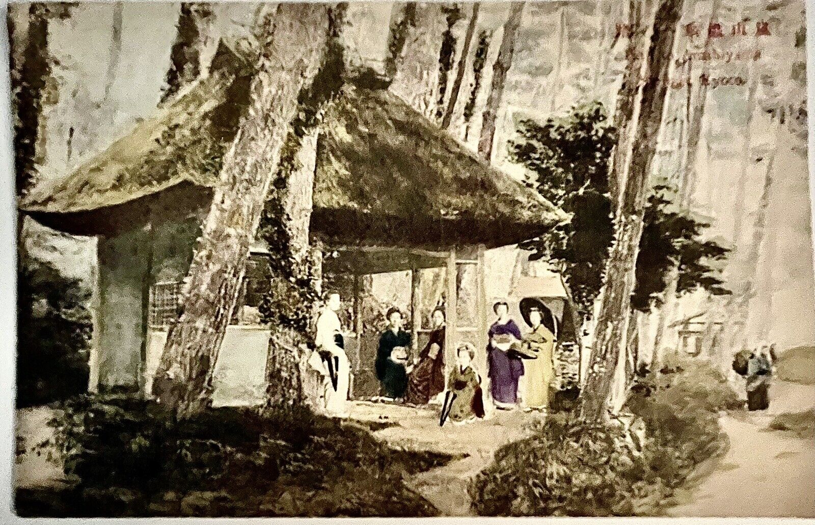 Japan, Kyoto Antique Postcard 1907 Hand Colored Path To Arashiyama Springs 