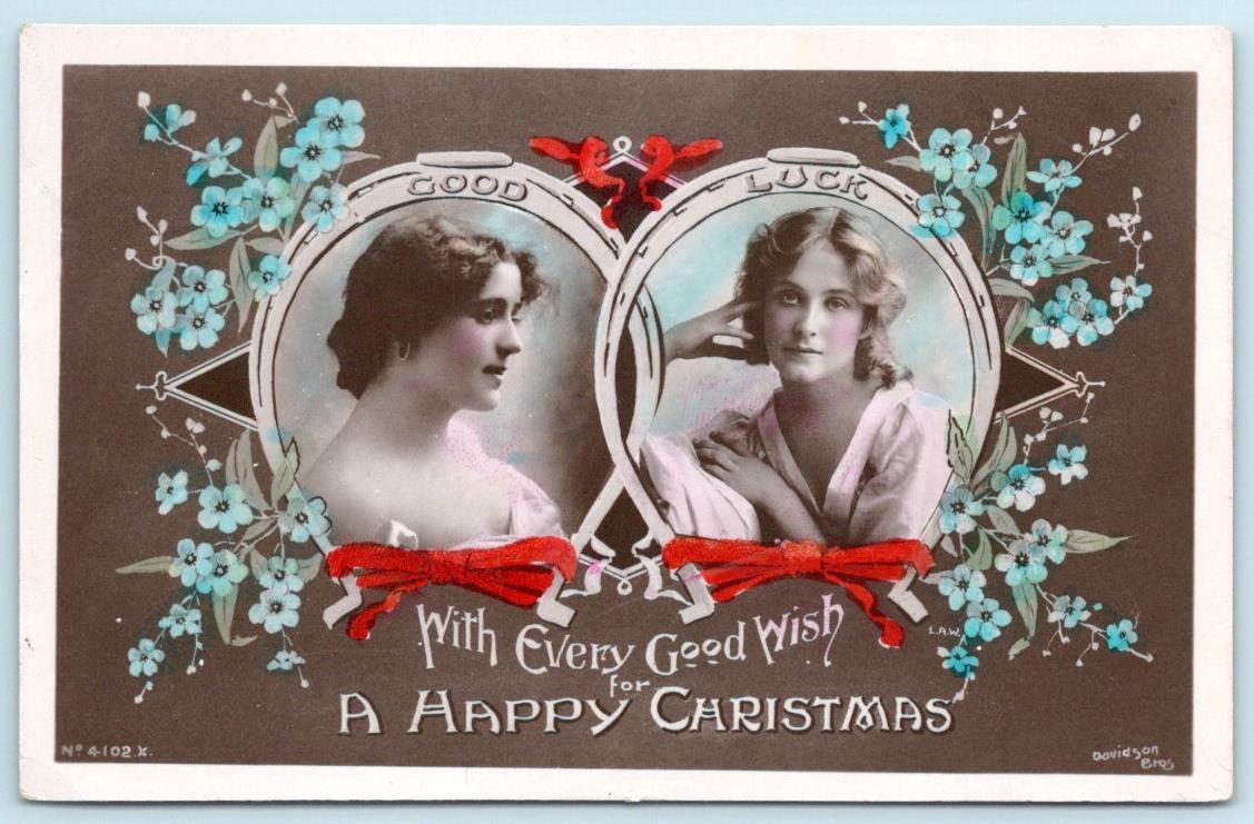Pre-1908 RPPC GOOD LUCK HORSESHOES PRETTY WOMEN DAVIDSON BROS CHRISTMAS POSTCARD