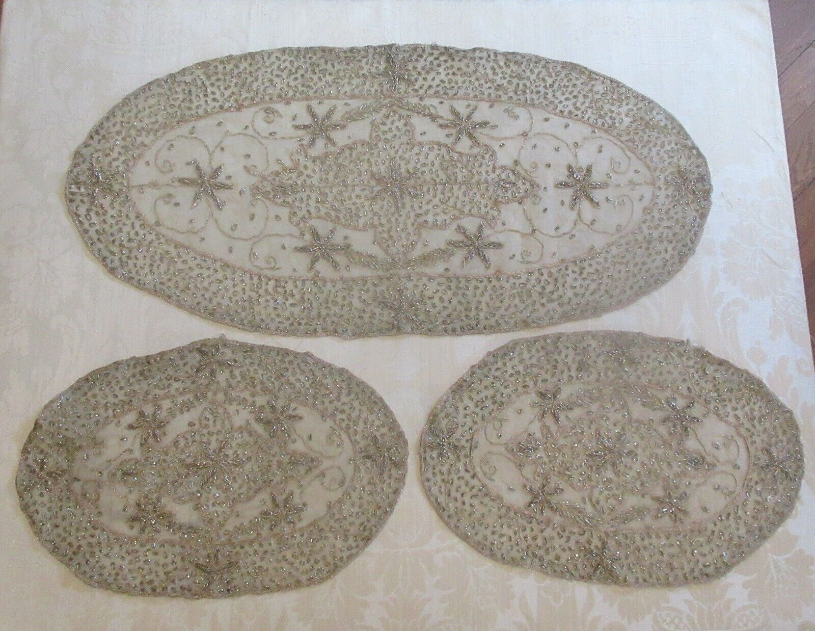 Vintage Glittery Silver Copper Metallic Embroidered Organdy Runner Doily Lot 3pc