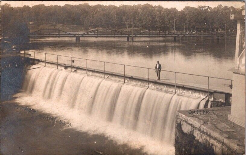 Antique RPPC Postcard Man on Dam No 1 Mammoth Spring Arkansas Real Photo 1910