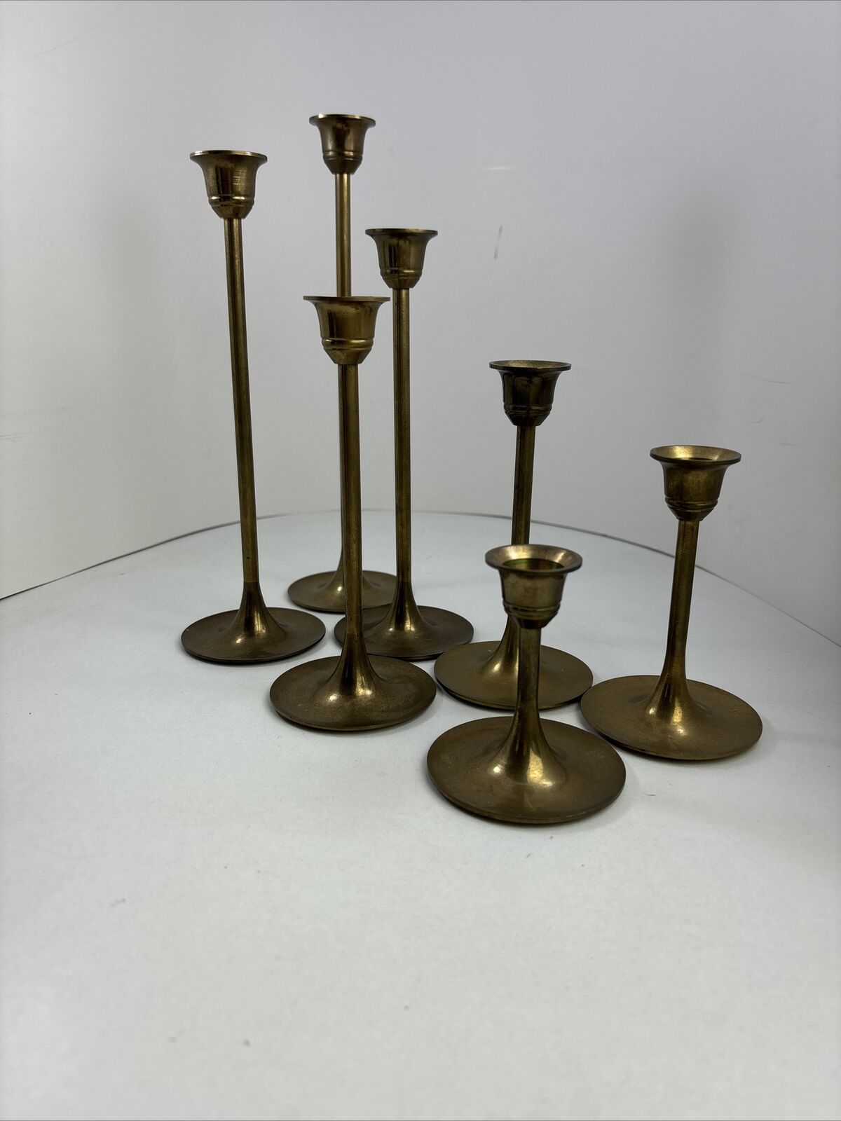 7 Vintage Solid Brass Candle Stick Holders Party Weddings Lot 3 to 9 in high