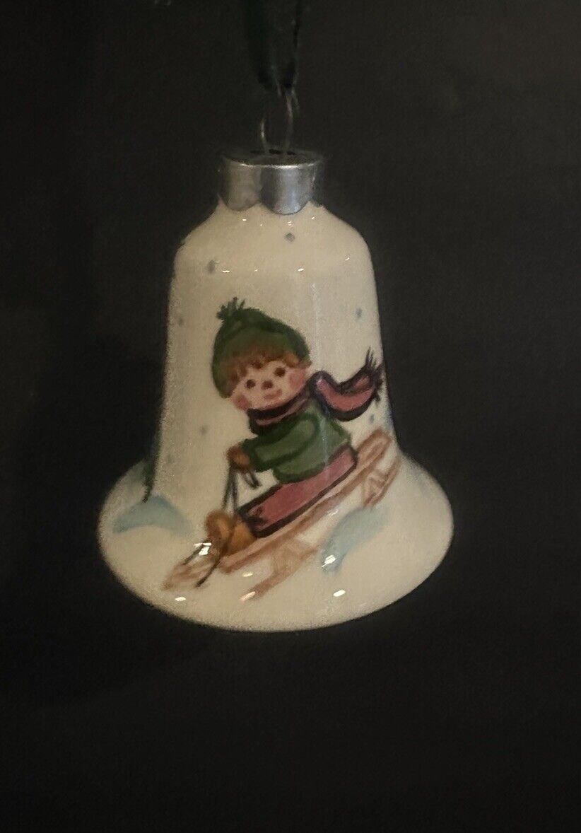 Vintage Suzi Long Ceramic Christmas Ornament 1974 Bell Shaped With  Skiing Boy