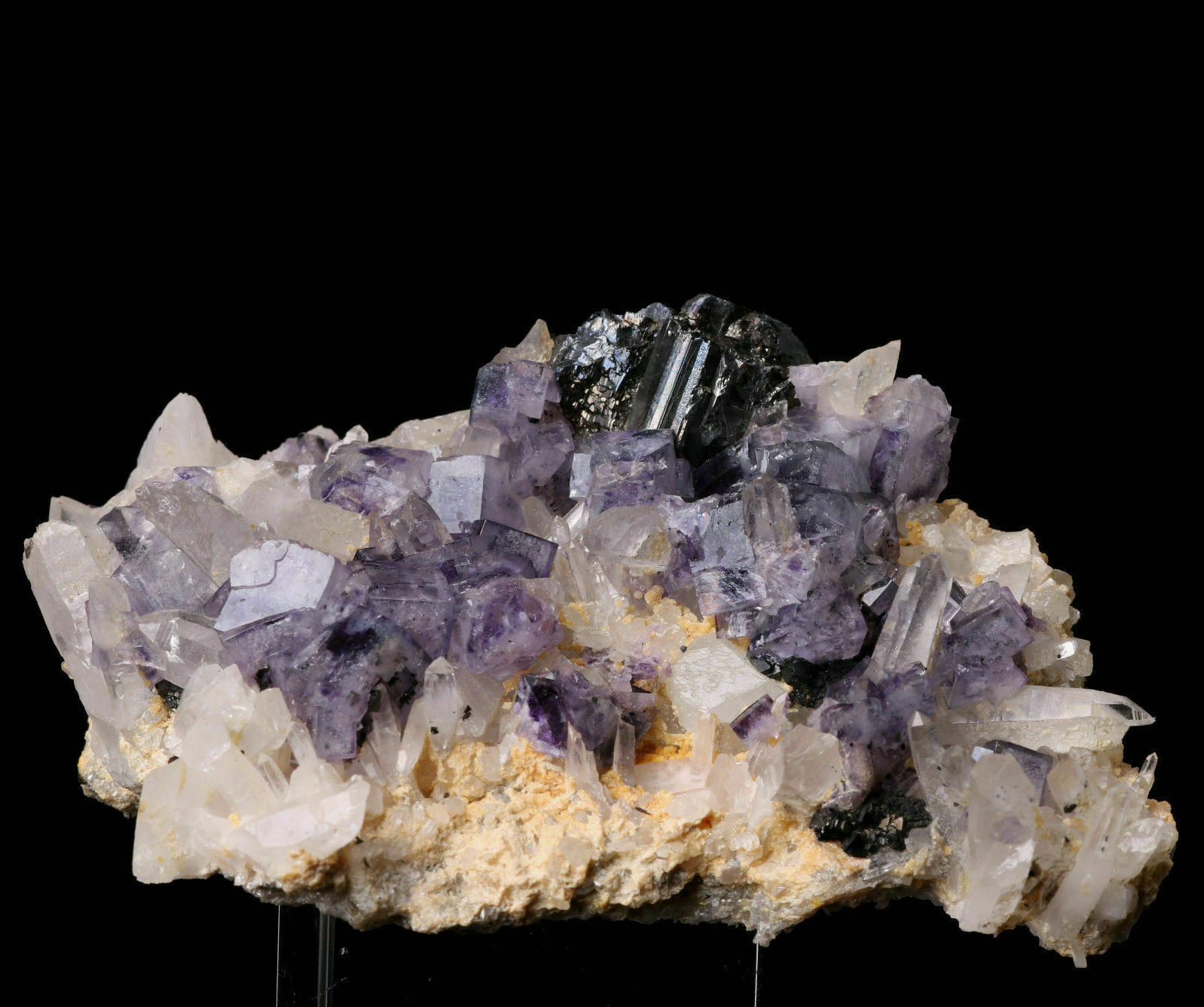 Clear Purple Cube Fluorite & Bournonit Quartz Crysal Cluster Mineral Specimen
