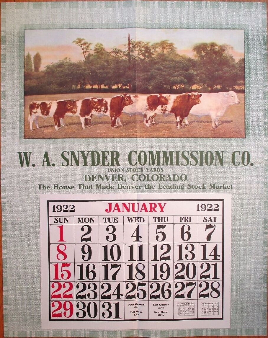 Denver, CO 1922 GIANT 29x37 Advertising Calendar/Poster: Live Stock Yards, Cows