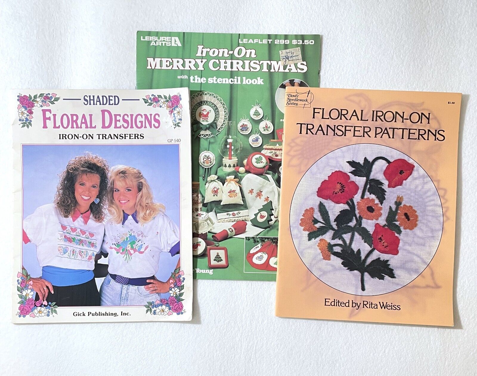 3 Vintage 80's Iron on Transfer Books Floral & Christmas