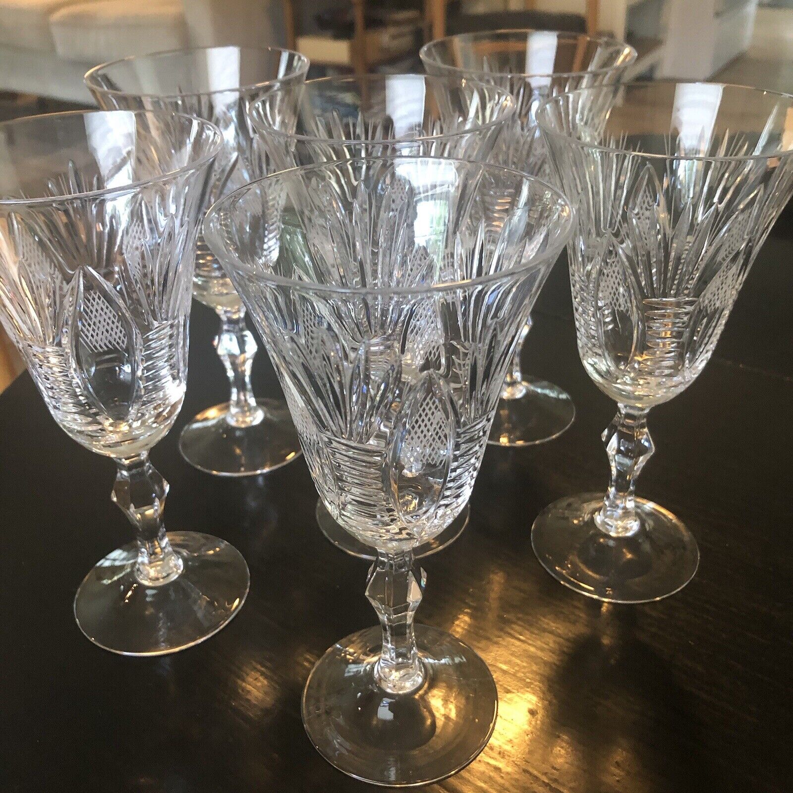 Vintage Cut Crystal Water / Wine Glasses Wheat Pattern W/ Etched Detail Set Of 6