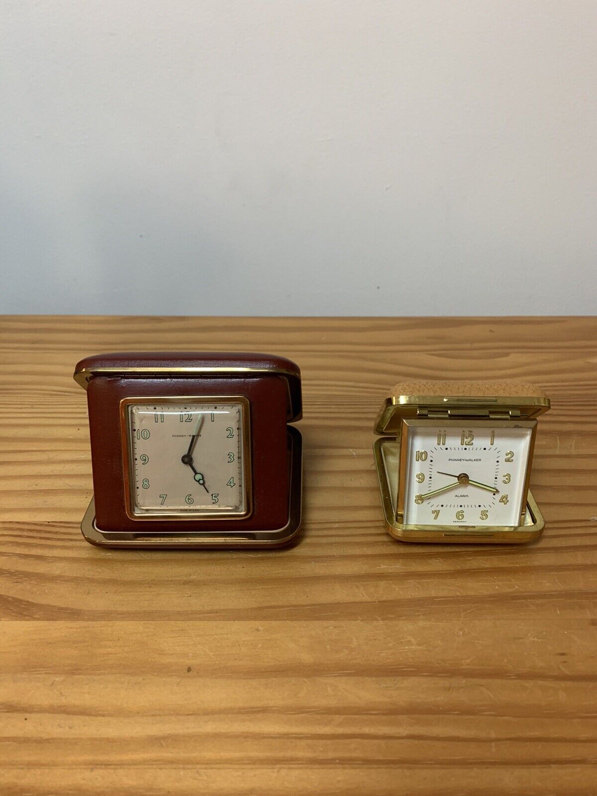 Lot of 2 Phinney-Walker Vintage Travel Alarm Clock Red & Tan - Parts/Repair