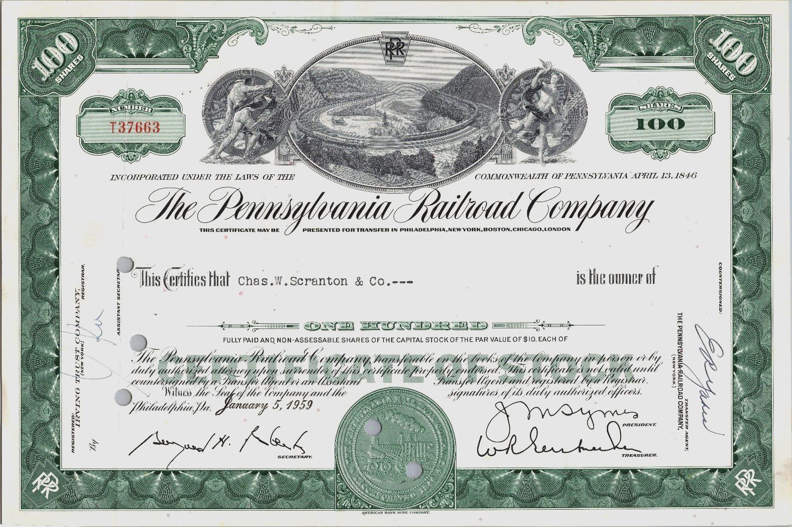 The Pennsylvania Railroad Company Stock Certificate January 5th, 1959