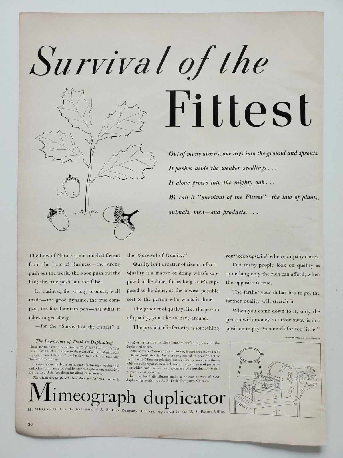 Mimeograph duplicator 'Survival of the Fittest' Stencil 1941 Vintage Print Ad