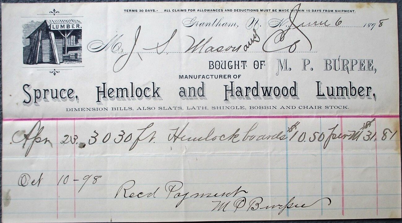 Grantham, NH Lumber & Hardwood 1898 Letterhead: M. P. Burpee - New Hampshire