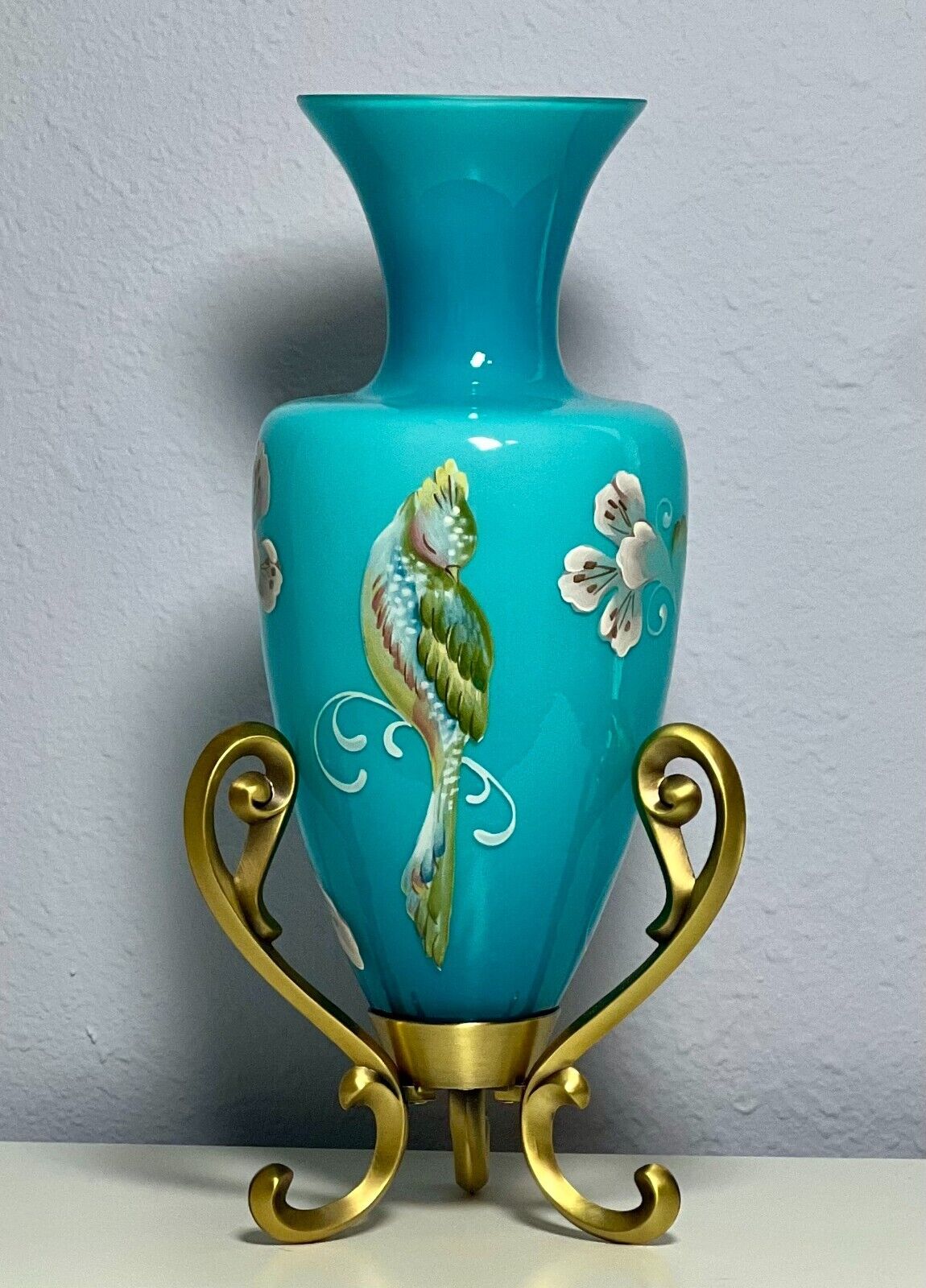 Fenton Landmark Collection Amphora Blue Glass Vase LE Painted Bird #6472/8800