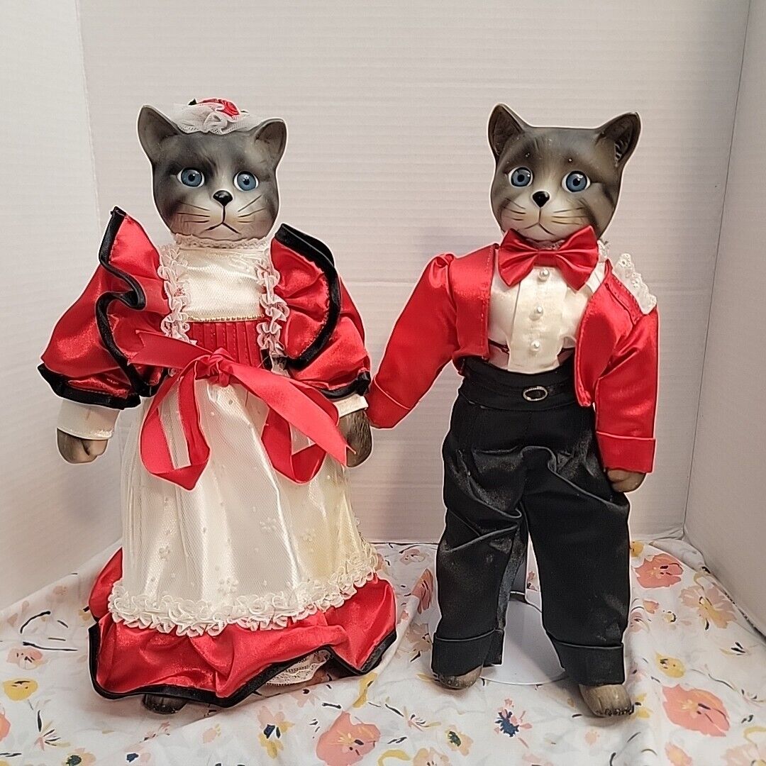 Vintage Rubber cat  doll set 14 inches tall, collectors, With Stands, Taiwan