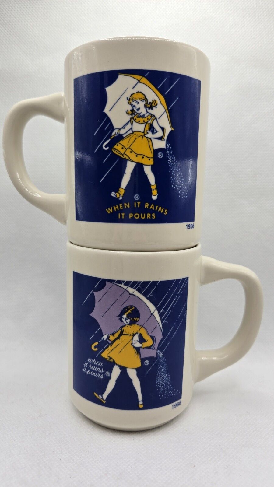 Lot of 2 Vintage Morton Salt 1956 1968 Girl When It Rains Pours Coffee Mug Cup